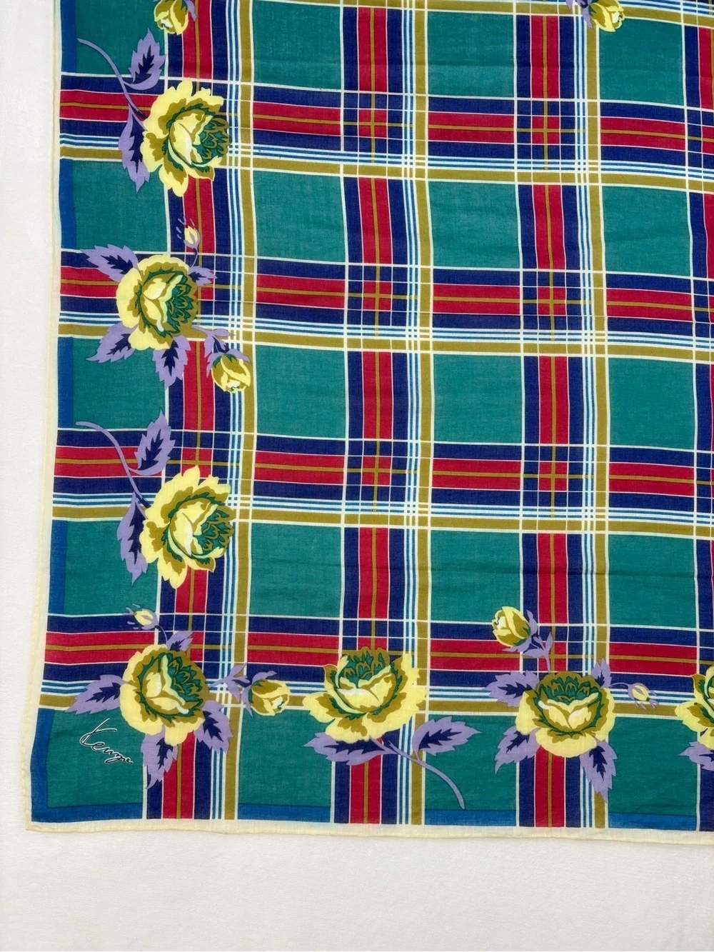 Vintage Kenzo Tokyo Cotton Scarf Plaid Teal Yellow Floral 28” Japan